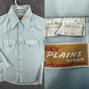 VTG Ely Plains Rider Western Pearl Snap Shirt Long Sleeve Blue 15 34 Point 70s